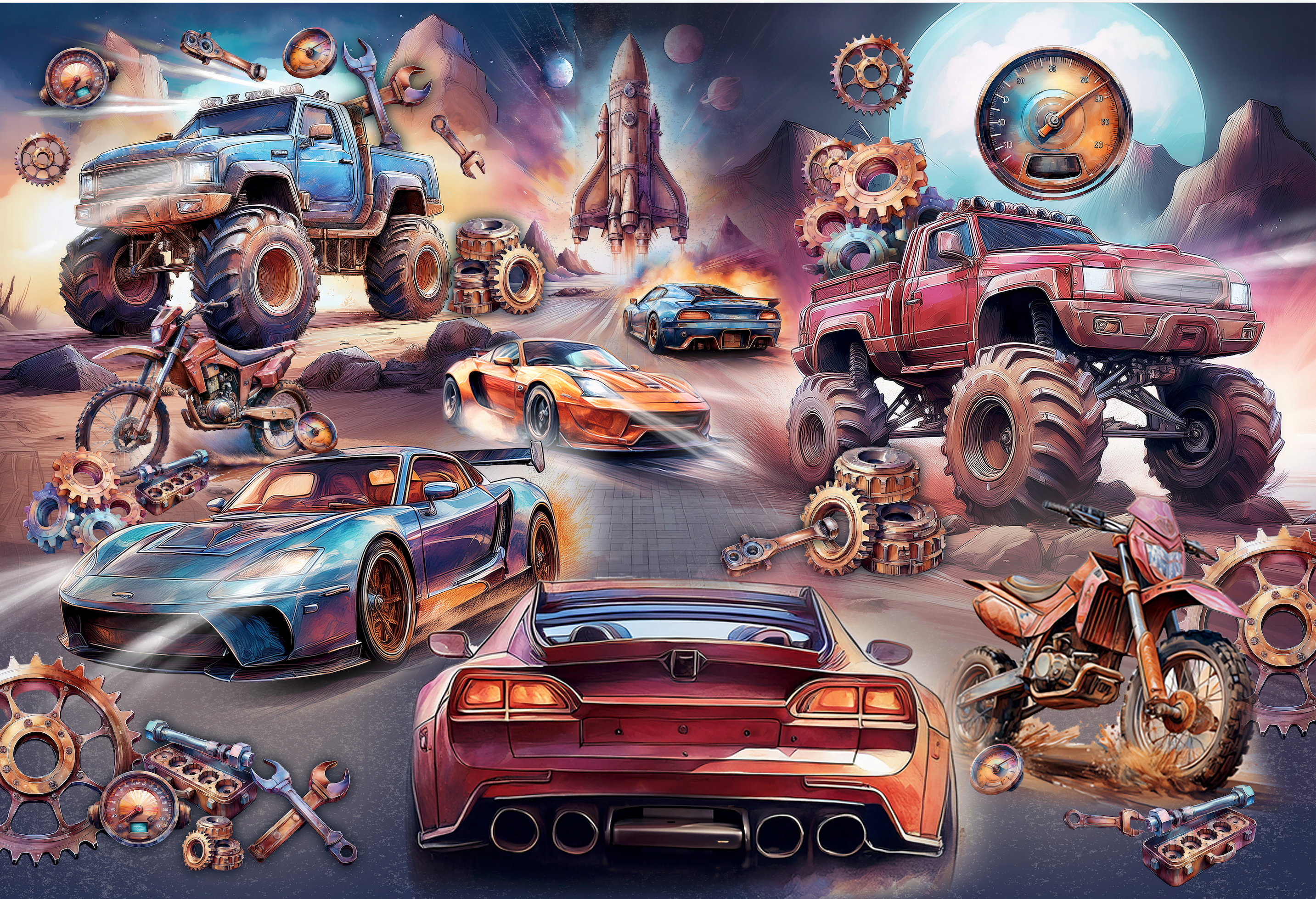 Illustration of various vehicles including monster trucks, dirt bikes and sports cars on a cosmic background.