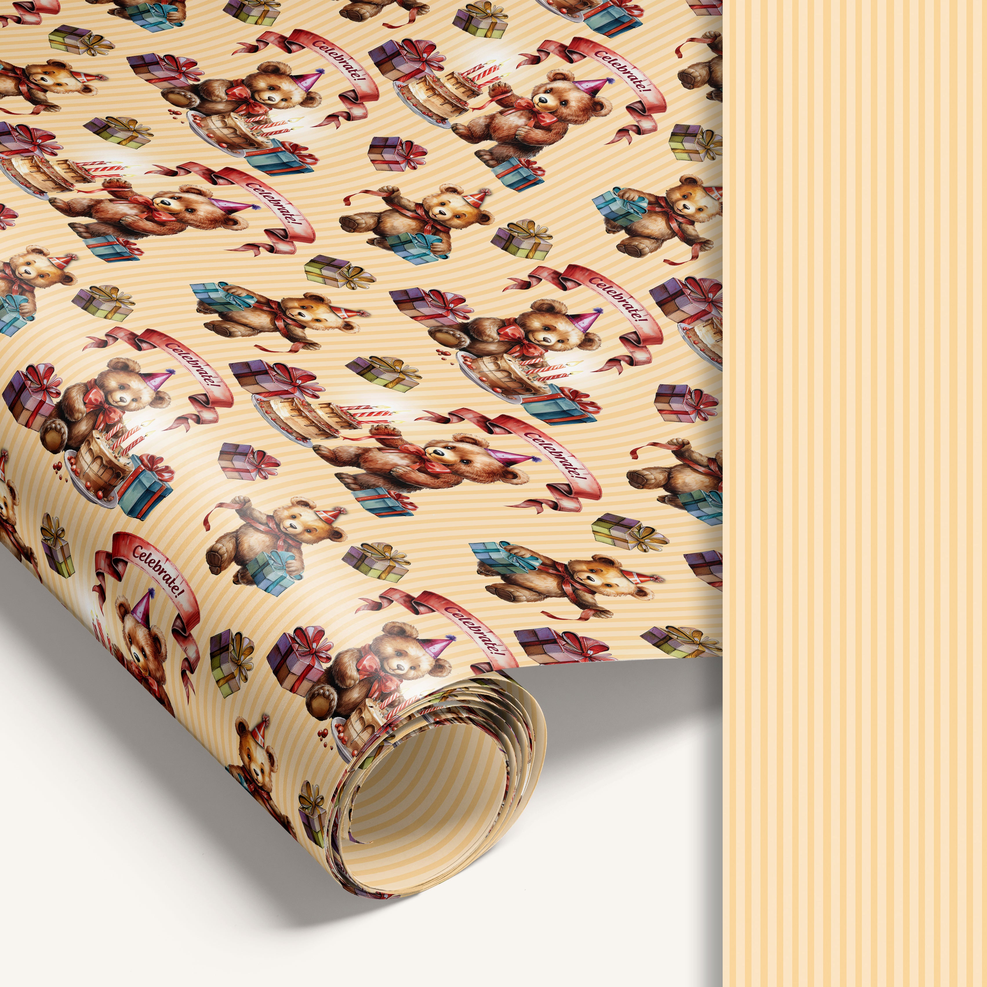 Yellow teddy bear gift wrap roll with yellow striped reverse side