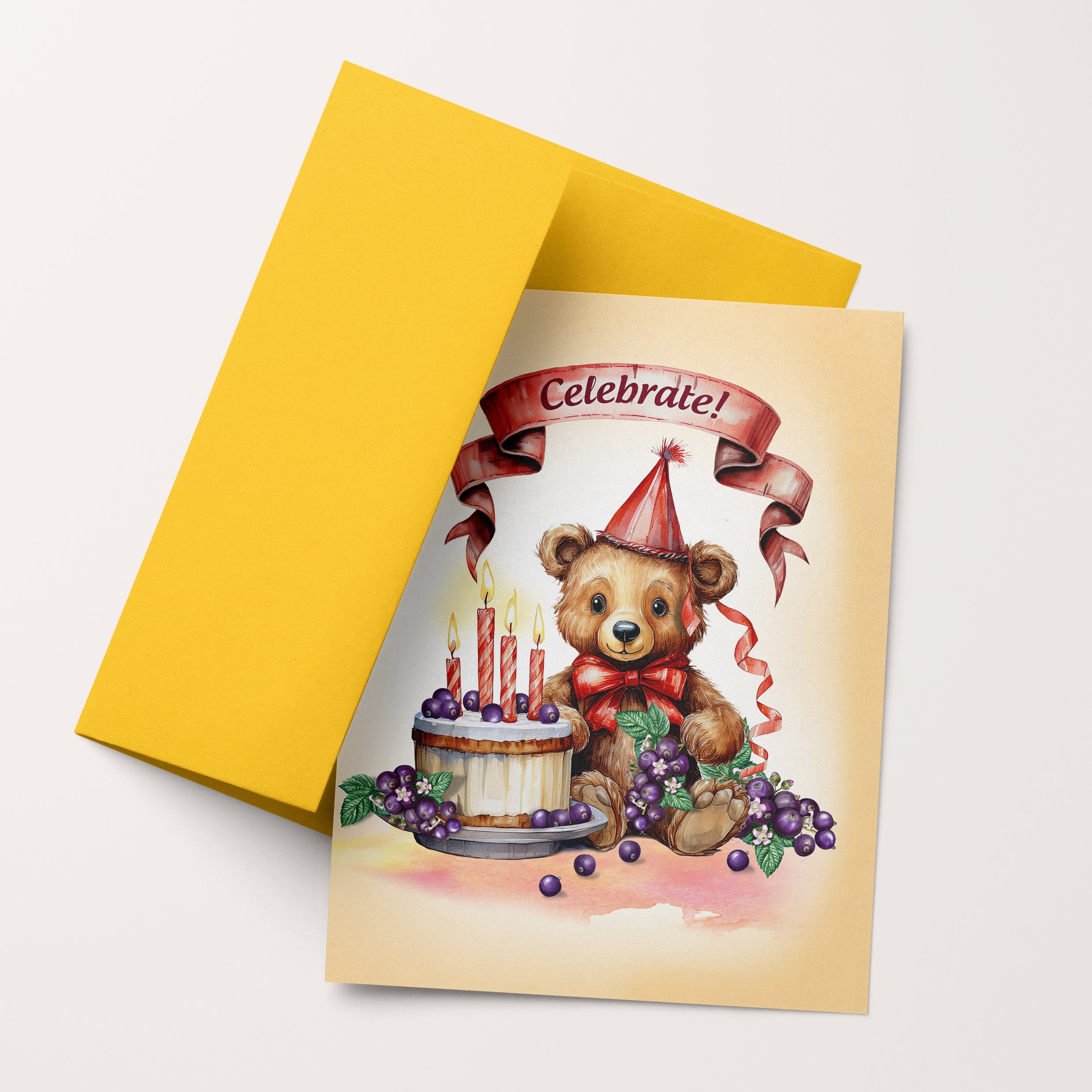 Birthday card with a teddy bear and cake illustration on a yellow background