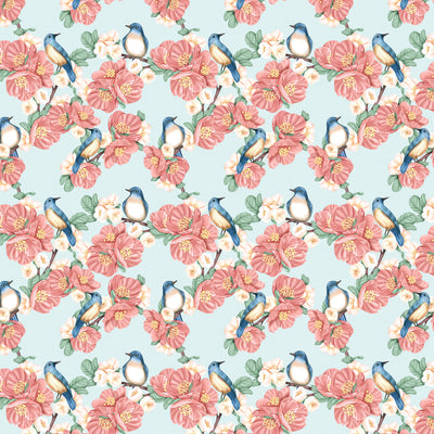 Pattern of blue birds on pink flowers with green leaves on a light blue background