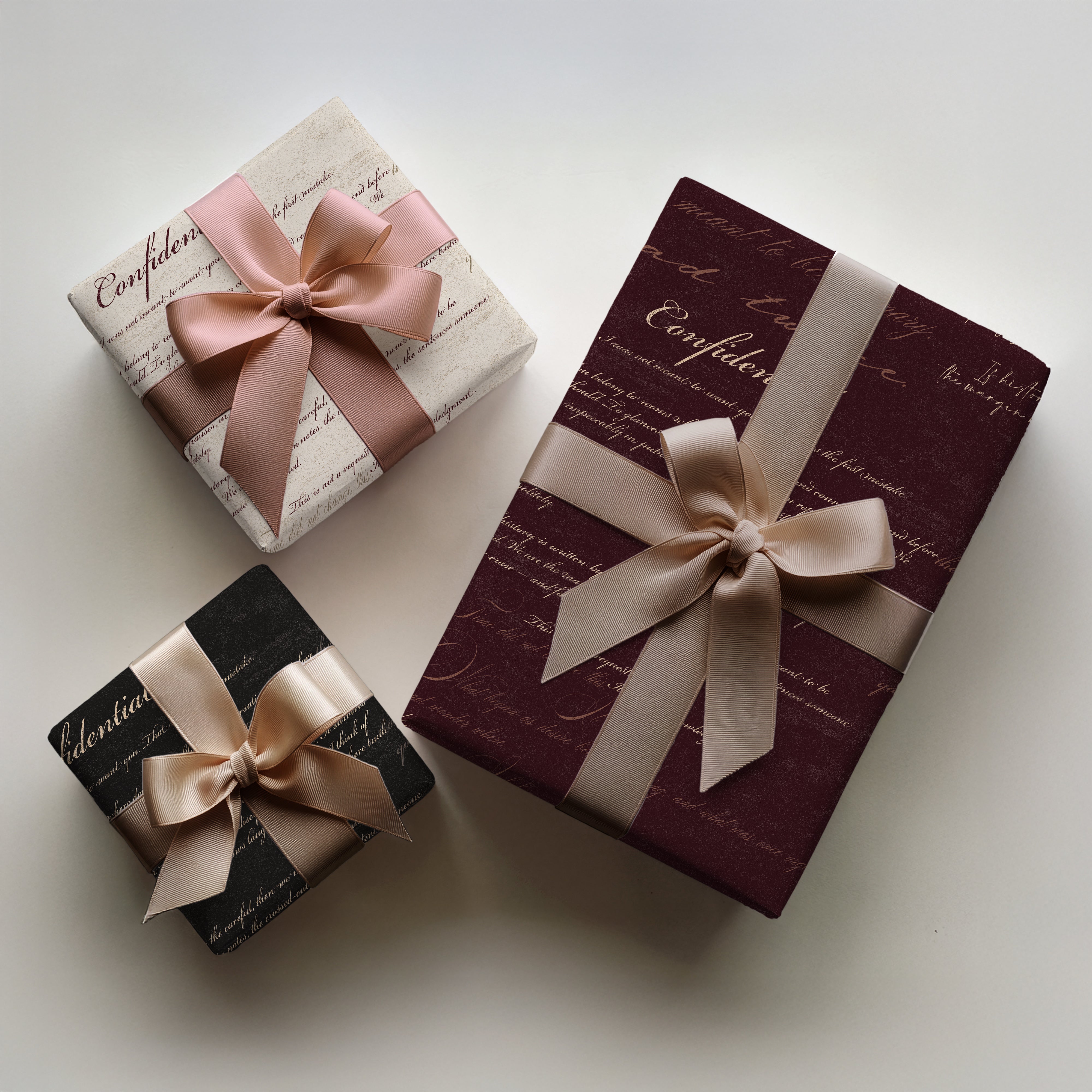 Confidential Letter Valentine's wrapping paper with vintage love letter and romantic text design wrapped three gifts