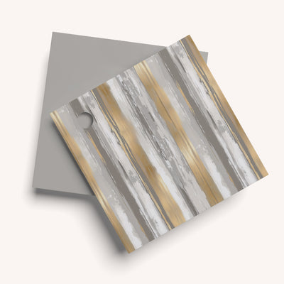 Card with gold and gray striped design on a white background