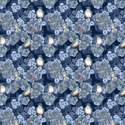 Seamless pattern of blue-toned flowers with small birds perched among the blooms on a dark navy background.