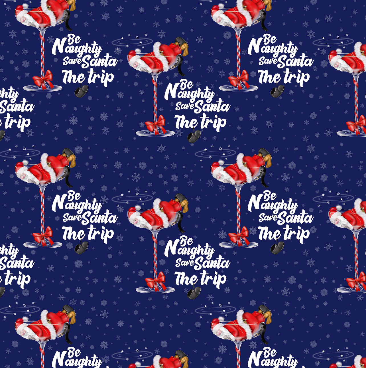 Pattern of Santa Claus-themed cocktails on a blue background with text.