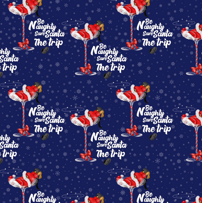 Pattern of Santa Claus-themed cocktails on a blue background with text.