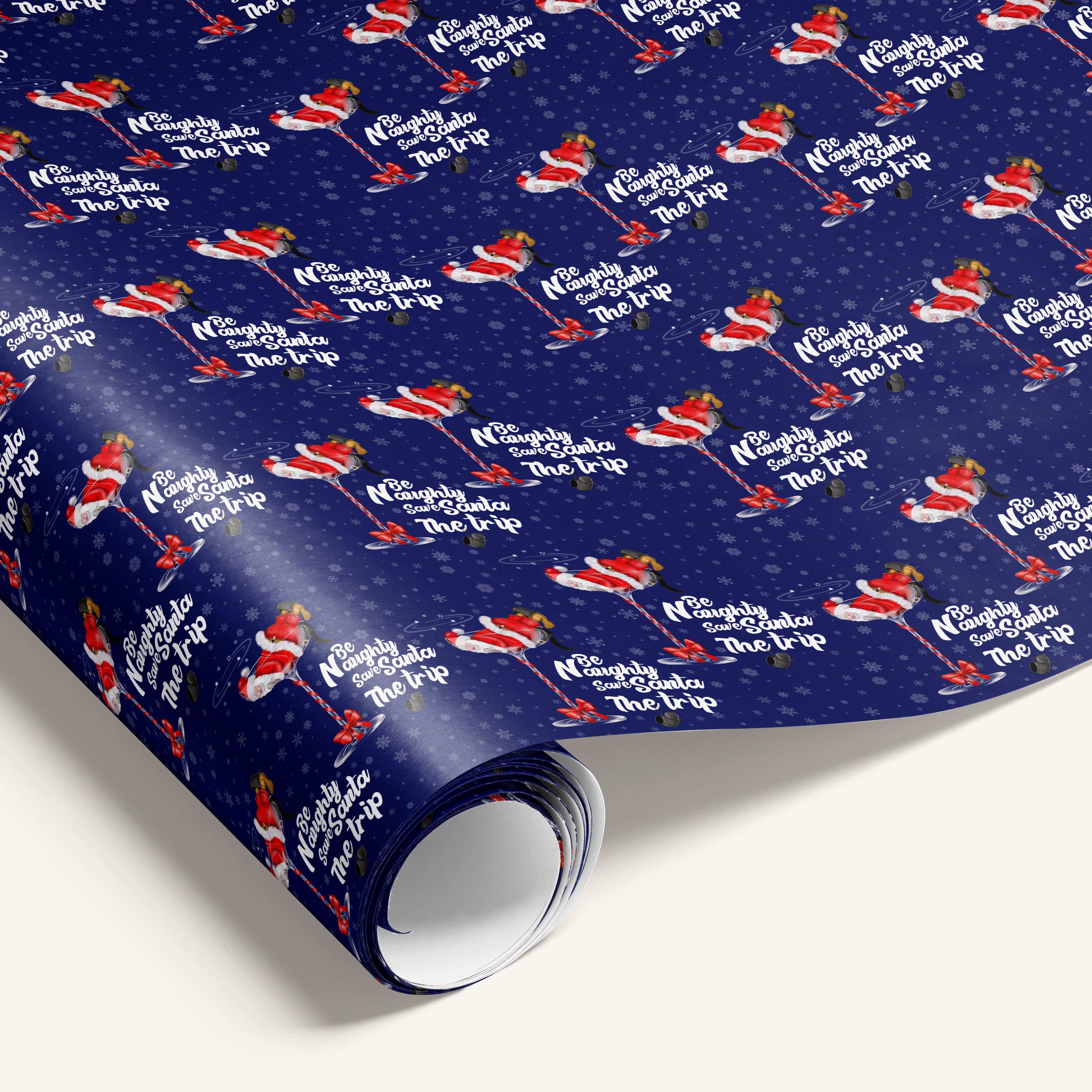 Roll of wrapping paper with Santa Claus design on a blue background