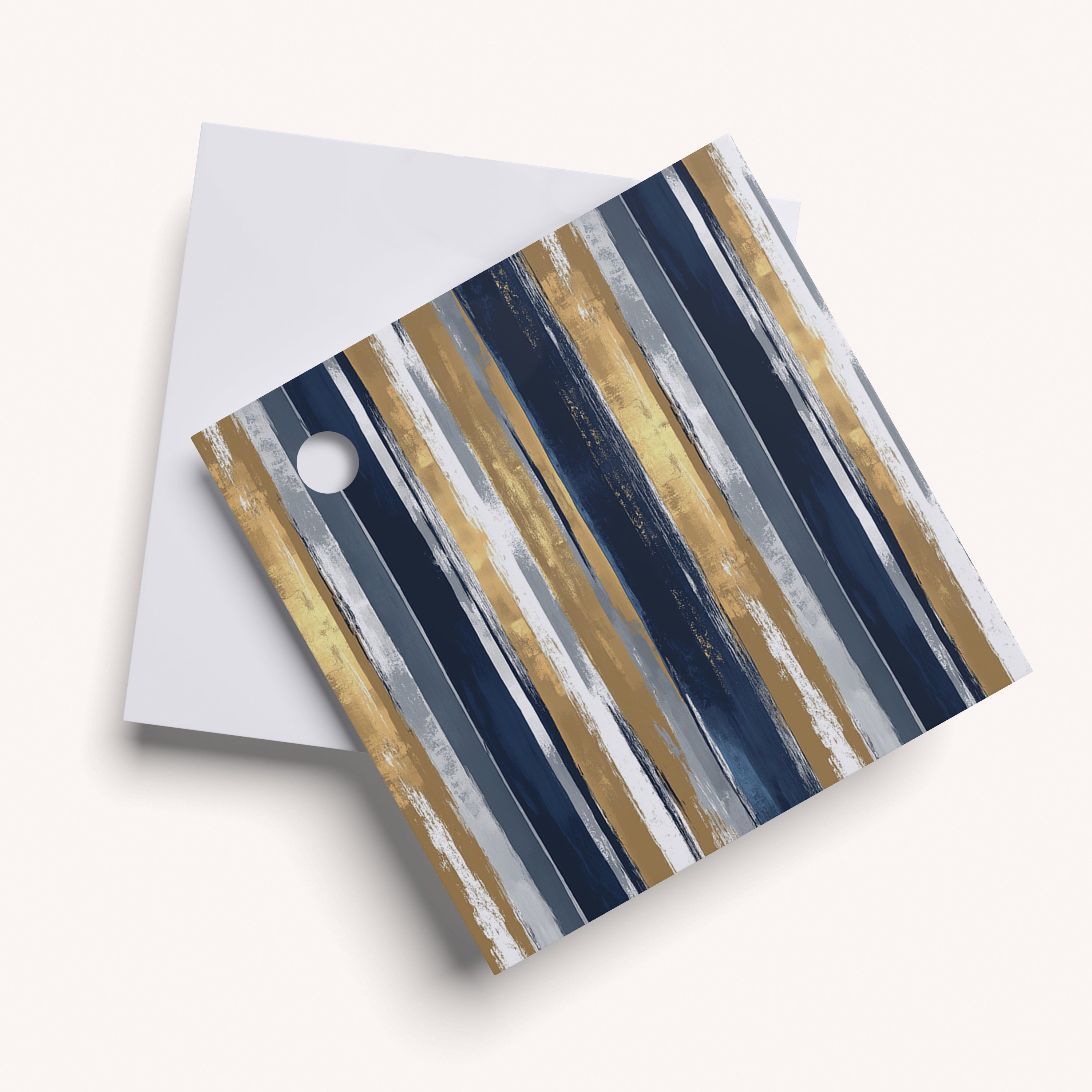 Name tag with navy and gold striped pattern