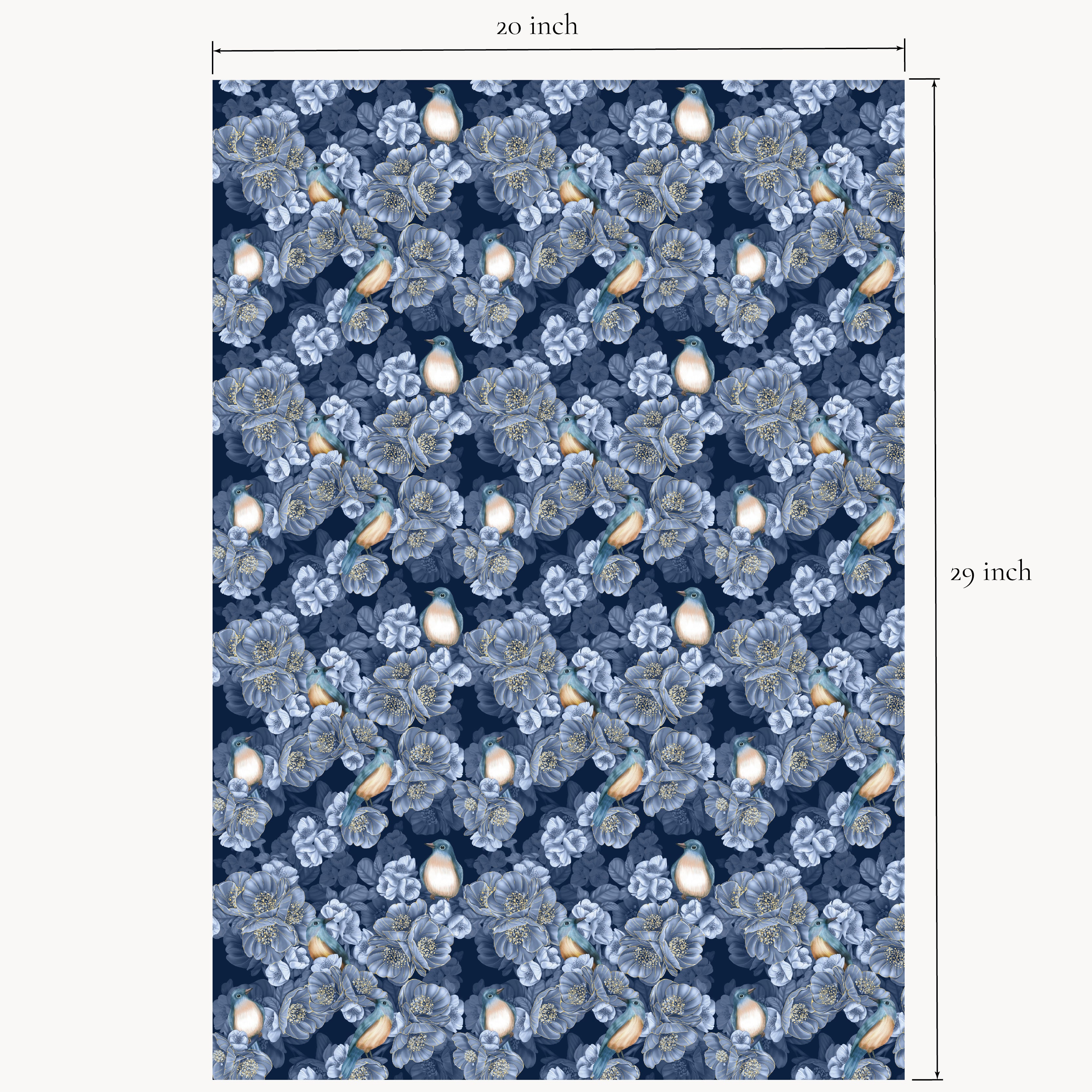 Floral patterned fabric with measurements on a white background